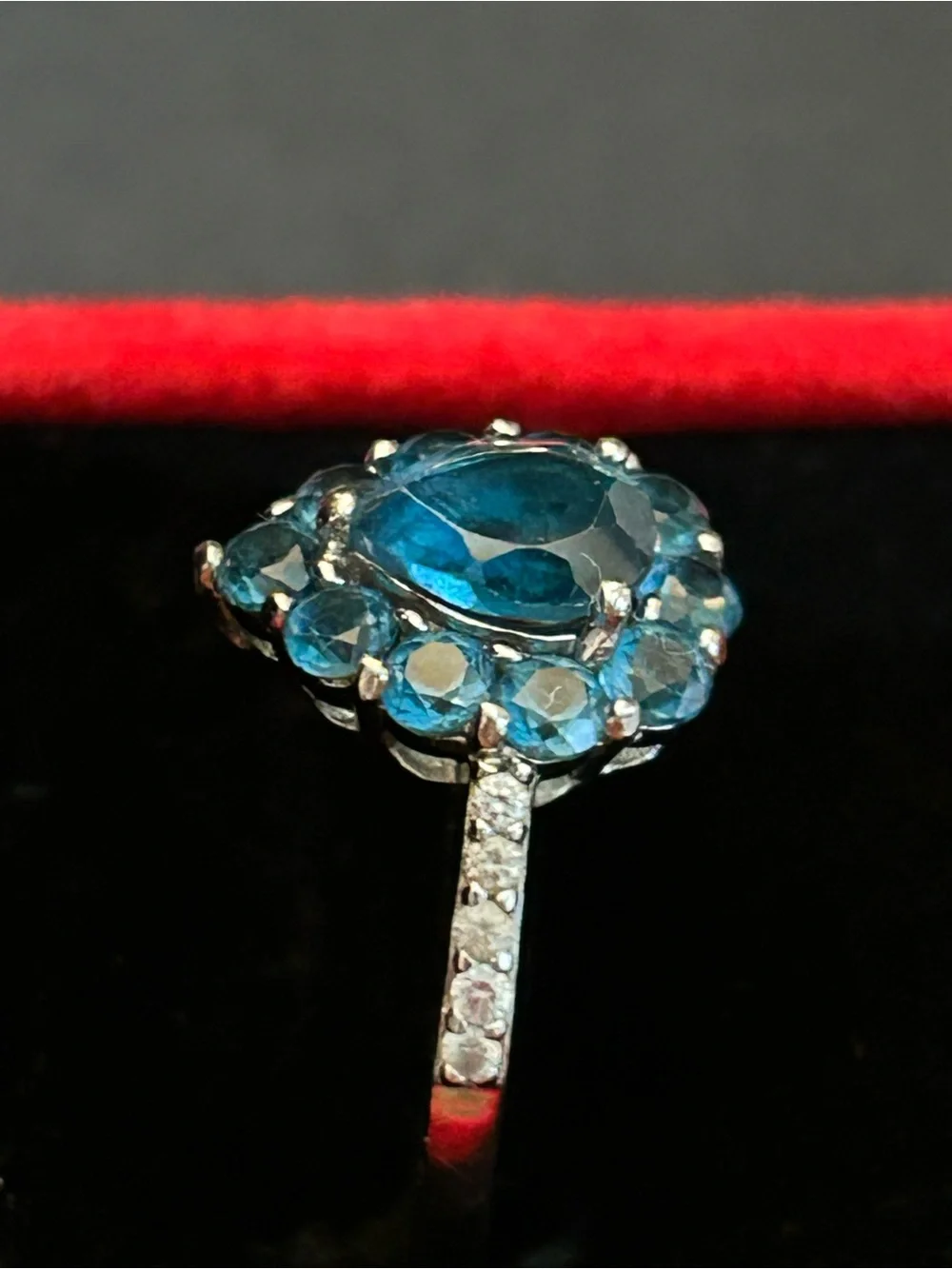 .94CT Pear Shape & 1.28CTW Round London Blue Topaz w/.18CTW White Zircon Ring